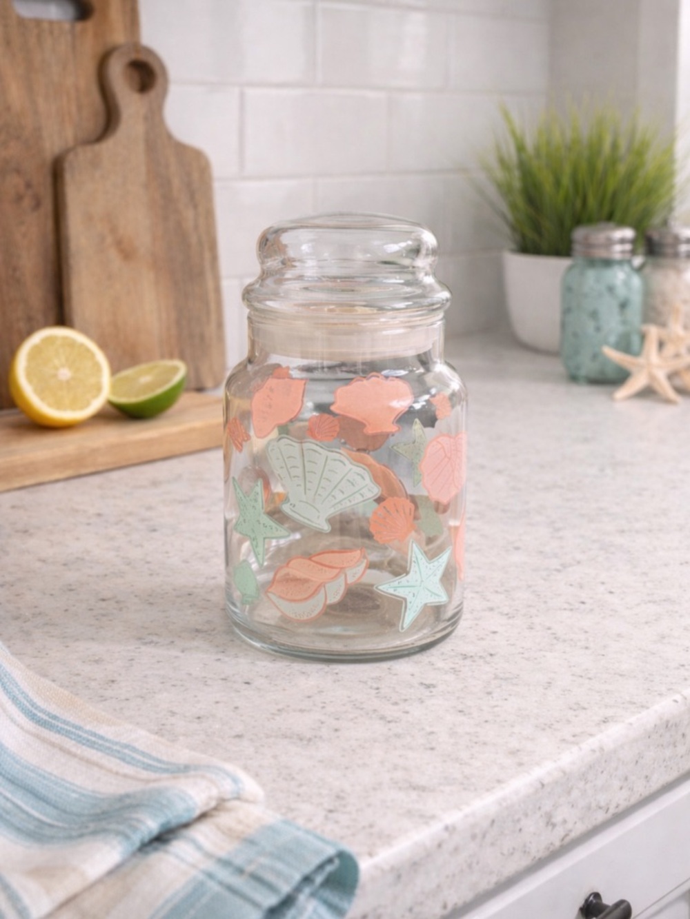 Glass Shell Print Canister with w Lid